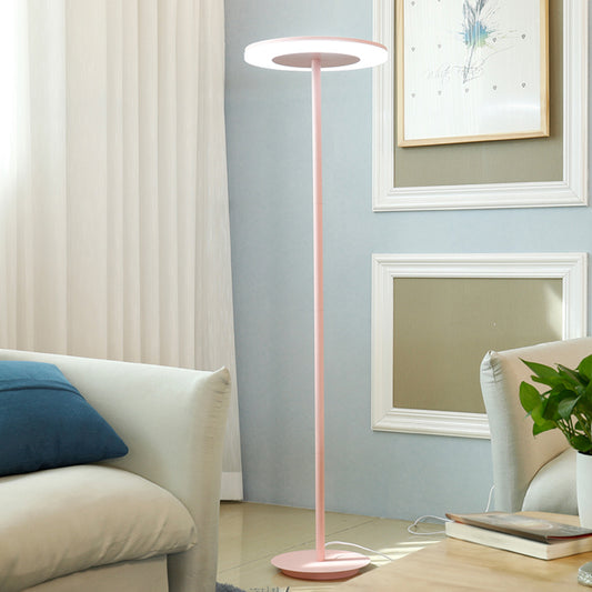 Acrylic Disc Shaped Stand Up Lamp Macaron Style LED Floor Lighting with Slender Tubular Stem in Pink/Yellow, Warm/White Light Clearhalo 'Floor Lamps' 'Lamps' Lighting' 169318