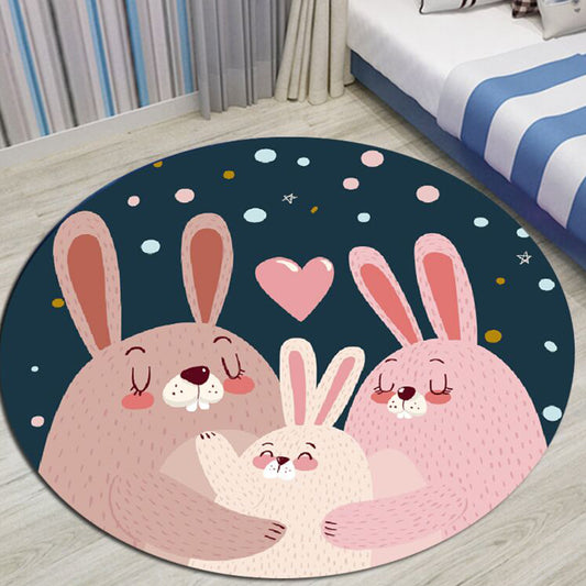 Kids Bedroom Rug in Black and Blue Animal Pig Rabbit Jellyfish Print Rug Polyester Stain-Resistant Area Rug Pink