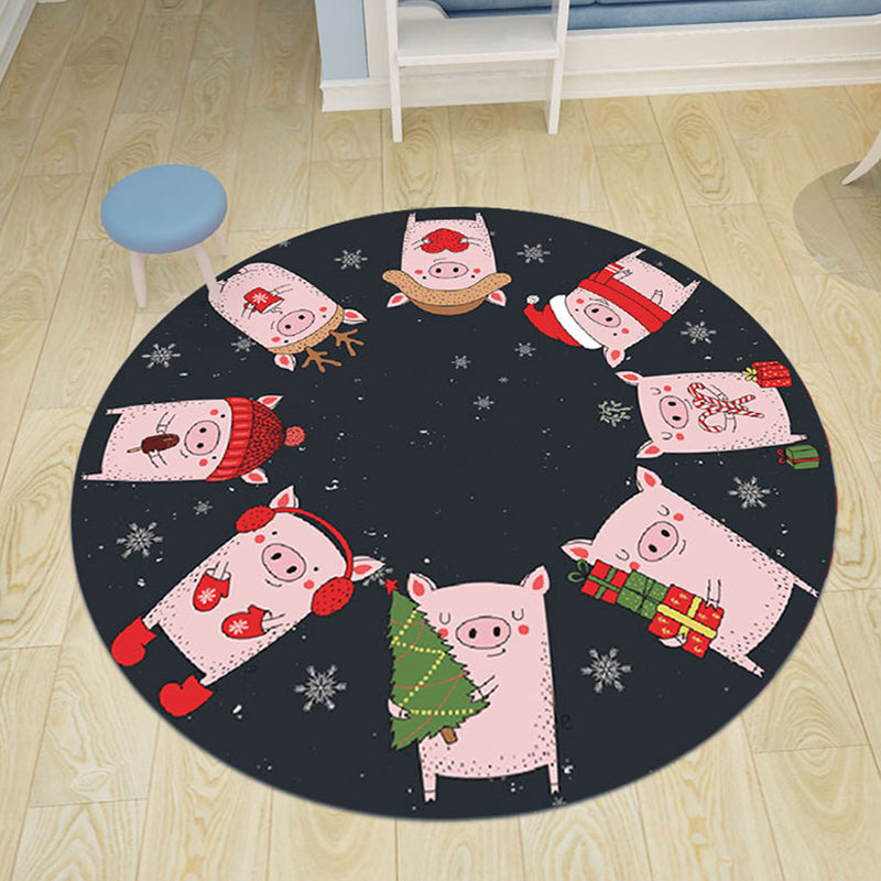 Kids Bedroom Rug in Black and Blue Animal Pig Rabbit Jellyfish Print Rug Polyester Stain-Resistant Area Rug Black Clearhalo 'Area Rug' 'Rug' 1693219