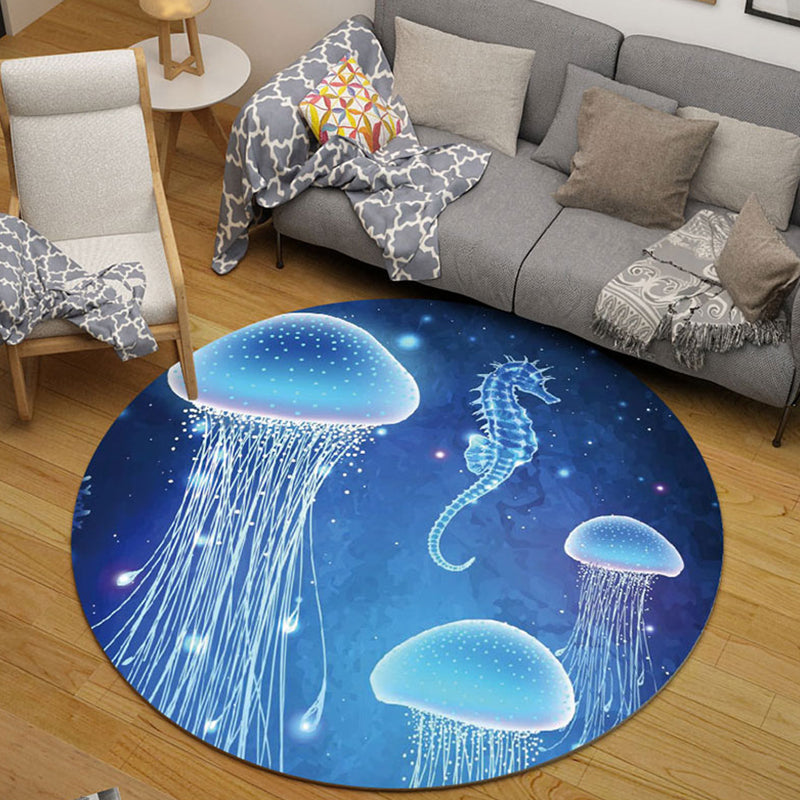 Kids Bedroom Rug in Black and Blue Animal Pig Rabbit Jellyfish Print Rug Polyester Stain-Resistant Area Rug Blue Clearhalo 'Area Rug' 'Rug' 1693220
