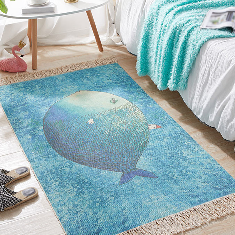 Blue Nursery Rug Kids Animal Fish Pattern Area Rug Cotton and Linen Washable Carpet with Fringe Blue Clearhalo 'Area Rug' 'Rug' 1693317