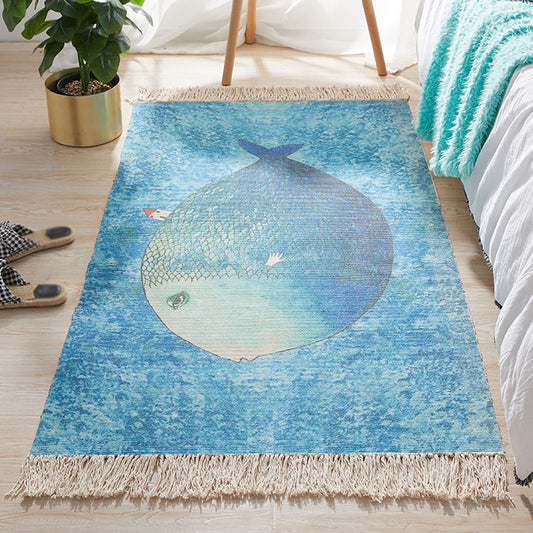 Blue Nursery Rug Kids Animal Fish Pattern Area Rug Cotton and Linen Washable Carpet with Fringe Clearhalo 'Area Rug' 'Rug' 1693318