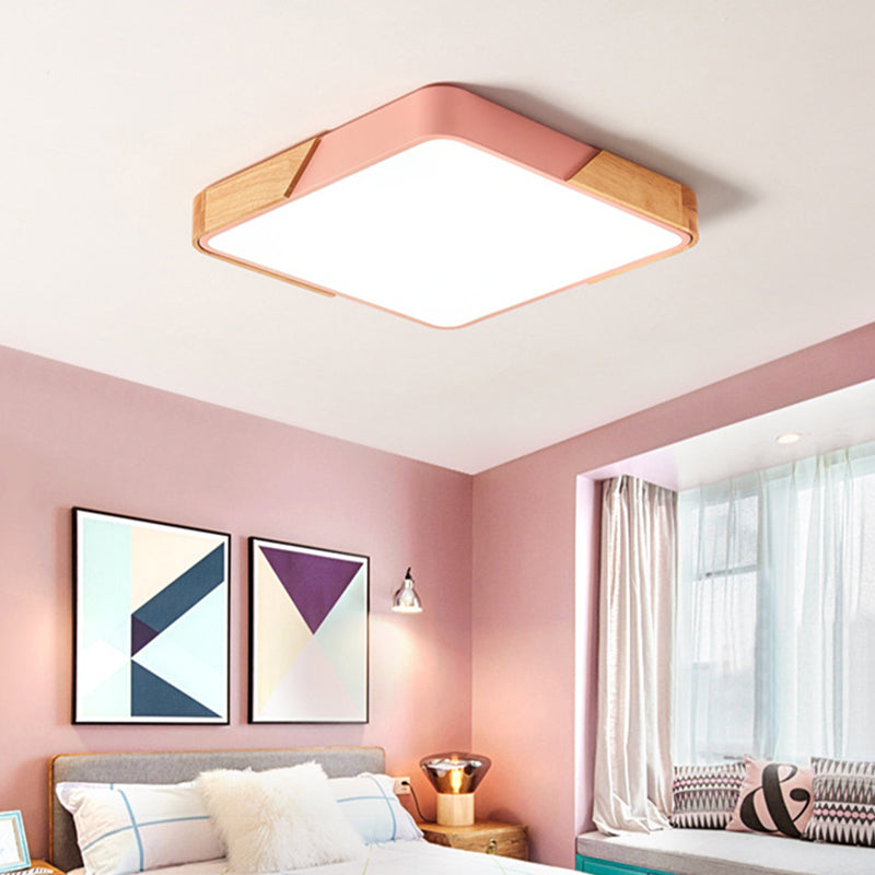 Bedroom Ceiling Light Square, Nordic Green Flush Mount Lighting with Wood and Acrylic Shade for Children Clearhalo 'Ceiling Lights' 'Close To Ceiling Lights' 'Close to ceiling' 'Flush mount' Lighting' 169332