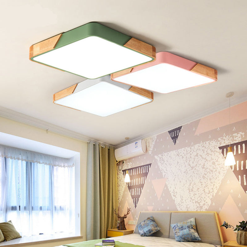 Bedroom Ceiling Light Square, Nordic Green Flush Mount Lighting with Wood and Acrylic Shade for Children Clearhalo 'Ceiling Lights' 'Close To Ceiling Lights' 'Close to ceiling' 'Flush mount' Lighting' 169336
