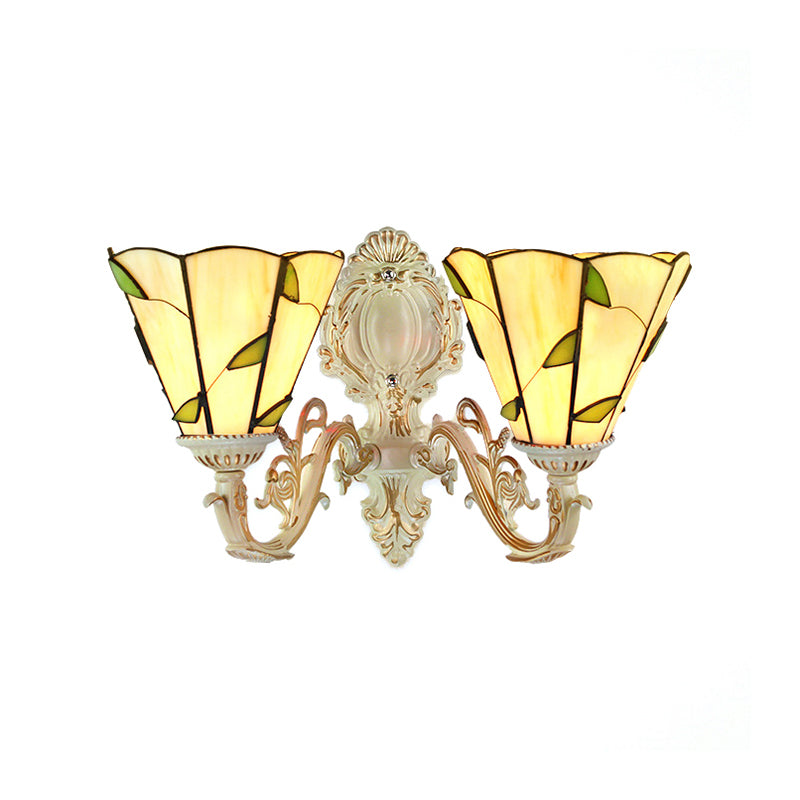 Leaf Wall Mount Light 2 Lights Stained Glass Rustic Sconce Lighting for Bedroom Clearhalo 'Industrial' 'Middle century wall lights' 'Tiffany wall lights' 'Tiffany' 'Wall Lamps & Sconces' 'Wall Lights' Lighting' 169344