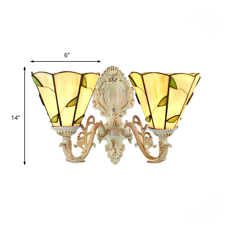 Leaf Wall Mount Light 2 Lights Stained Glass Rustic Sconce Lighting for Bedroom Clearhalo 'Industrial' 'Middle century wall lights' 'Tiffany wall lights' 'Tiffany' 'Wall Lamps & Sconces' 'Wall Lights' Lighting' 169345