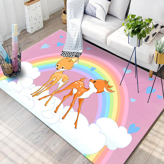 Black and Blue Nursery Rug Kids Animal Butterfly Deer Whale Pattern Area Rug Polyester Machine Washable Carpet Pink