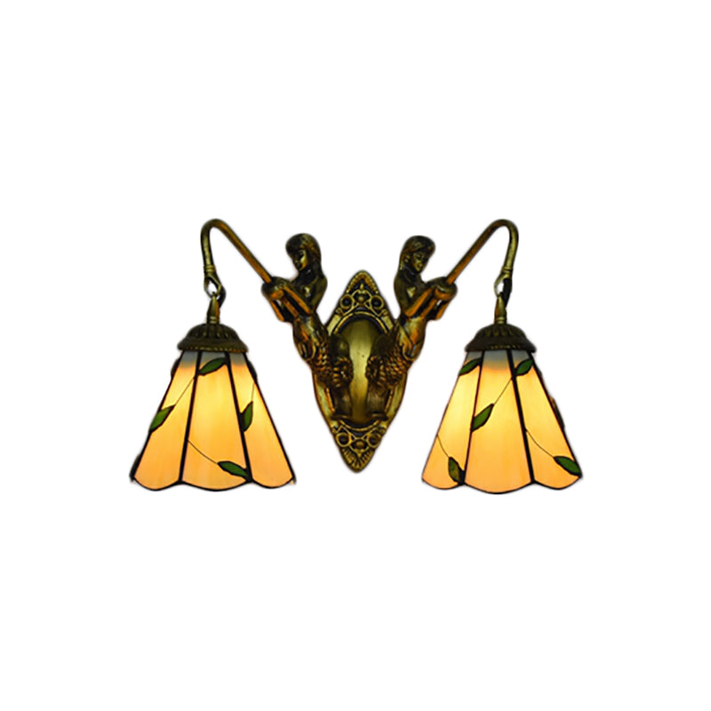 Leaf Wall Mount Light 2 Lights Stained Glass Rustic Sconce Lighting for Bedroom Light Yellow Clearhalo 'Industrial' 'Middle century wall lights' 'Tiffany wall lights' 'Tiffany' 'Wall Lamps & Sconces' 'Wall Lights' Lighting' 169350