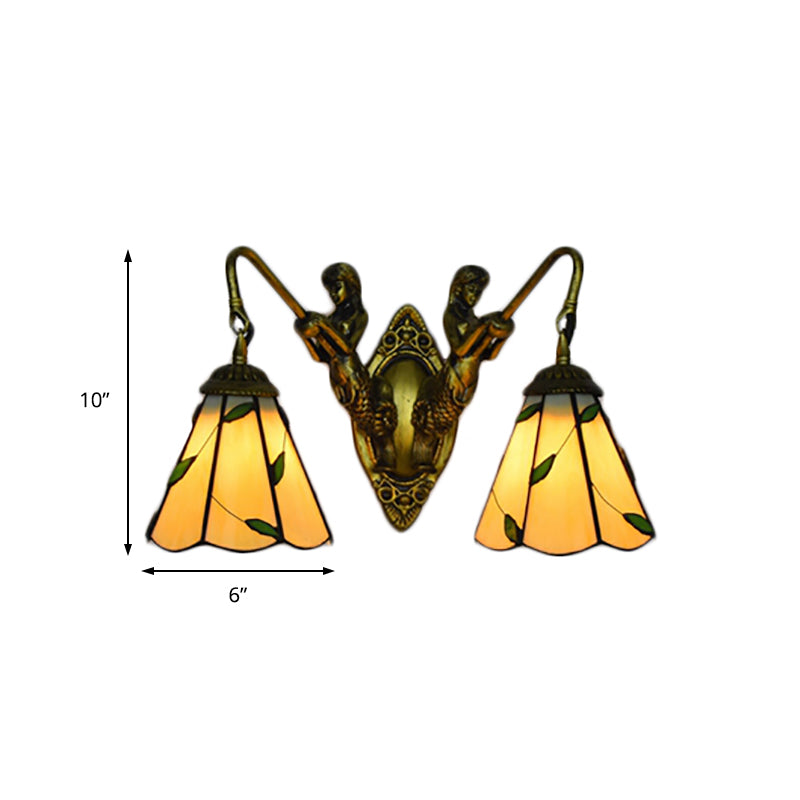 Leaf Wall Mount Light 2 Lights Stained Glass Rustic Sconce Lighting for Bedroom Clearhalo 'Industrial' 'Middle century wall lights' 'Tiffany wall lights' 'Tiffany' 'Wall Lamps & Sconces' 'Wall Lights' Lighting' 169351