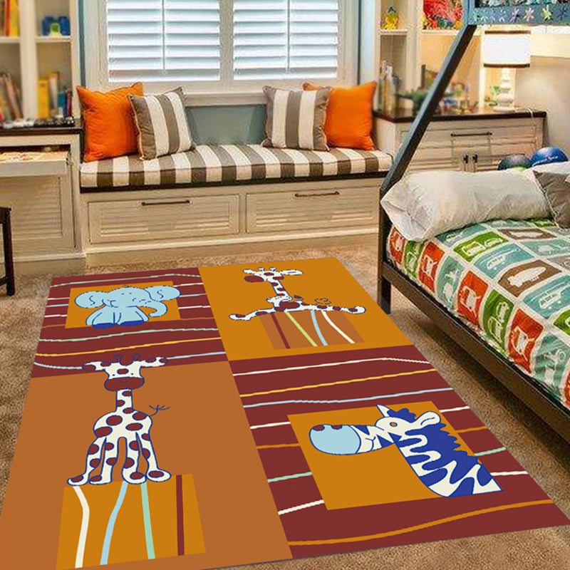 Pink and Blue Nursery Rug Kids Animal Bird Elephant Giraffe Pattern Area Rug Polyester Non-Slip Carpet Brown Clearhalo 'Area Rug' 'Rug' 1693512