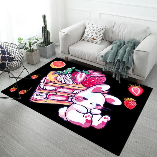 Black and Pink Nursery Rug Kids Animal Rabbit Heart Pattern Area Rug Polyester Stain-Resistant Carpet Dark Pink