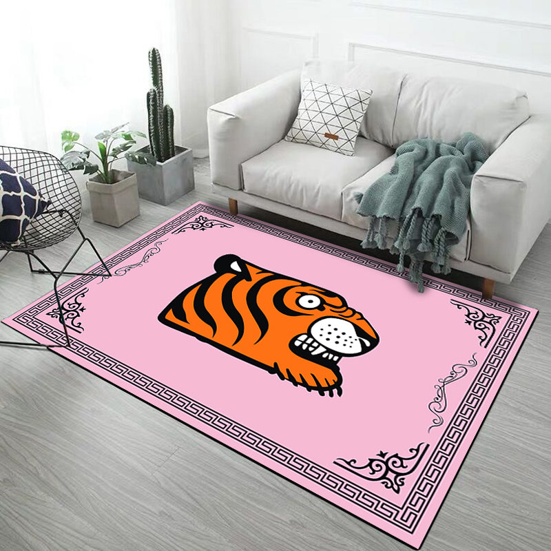 Kids Child's Room Rug in Black and Pink Animal Tiger Elephant Pig Print Rug Polyester Stain-Resistant Area Rug Pink Clearhalo 'Area Rug' 'Rug' 1693548
