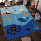 Blue and Black Nursery Rug Kids Fairy Tales Whale Ocean Pencil Pattern Area Rug Polyester Washable Carpet Dark Blue