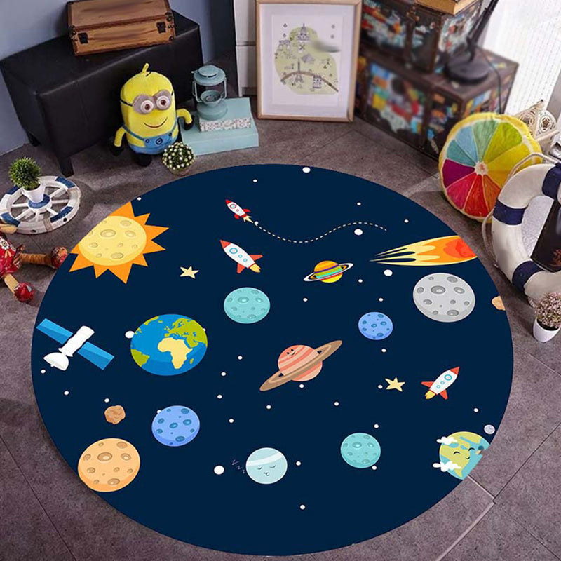 Blue Nursery Rug Kids Outer Space Planet Galaxy Plane Pattern Area Rug Polyester Anti-Slip Carpet Black Clearhalo 'Area Rug' 'Rug' 1693570