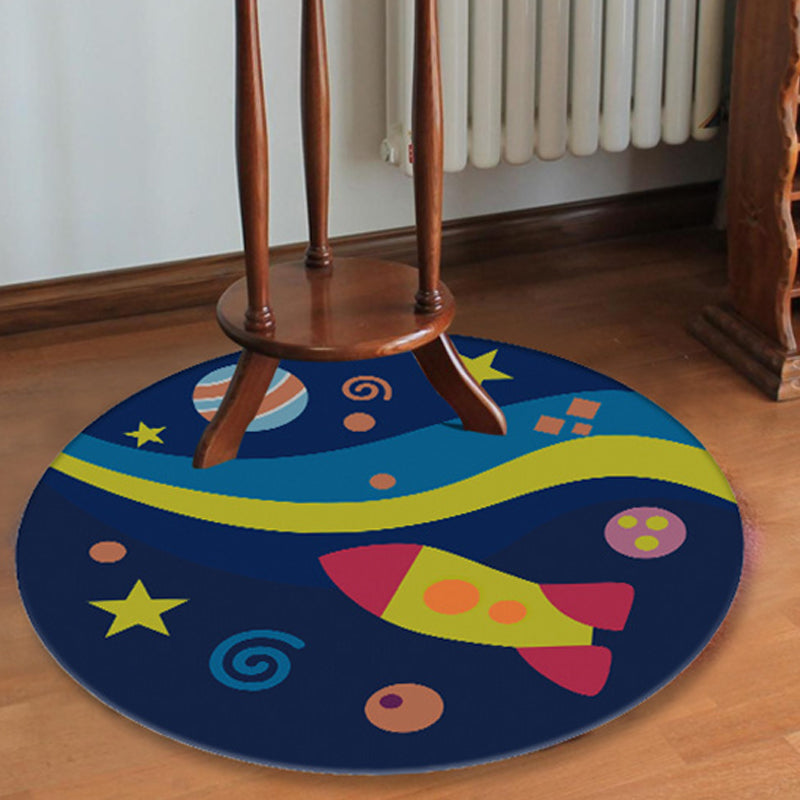 Blue Nursery Rug Kids Outer Space Planet Galaxy Plane Pattern Area Rug Polyester Anti-Slip Carpet Navy Clearhalo 'Area Rug' 'Rug' 1693571