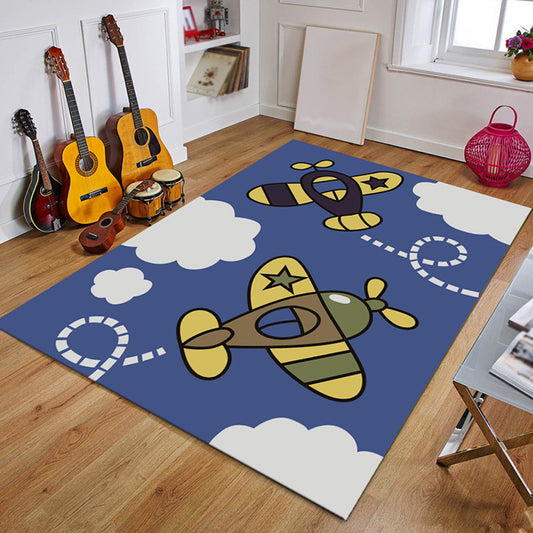 Blue Nursery Rug Kids Coastal Anchor Rudder Pattern Area Rug Polyester Non-Slip Backing Carpet Dark Blue