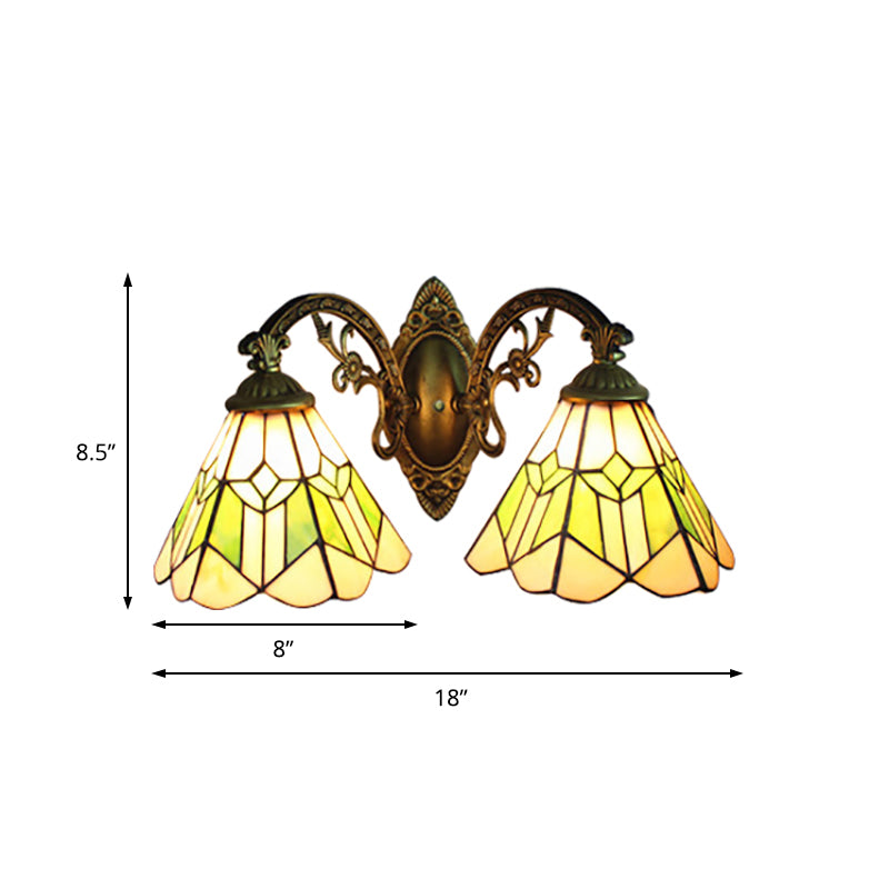 Vintage Cone Wall Sconce Light with Curved Arm 2 Lights Stained Glass Wall Lamp in Green Clearhalo 'Industrial' 'Middle century wall lights' 'Tiffany wall lights' 'Tiffany' 'Wall Lamps & Sconces' 'Wall Lights' Lighting' 169363