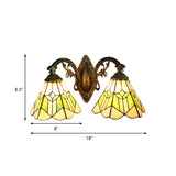 Vintage Cone Wall Sconce Light with Curved Arm 2 Lights Stained Glass Wall Lamp in Green Clearhalo 'Industrial' 'Middle century wall lights' 'Tiffany wall lights' 'Tiffany' 'Wall Lamps & Sconces' 'Wall Lights' Lighting' 169363