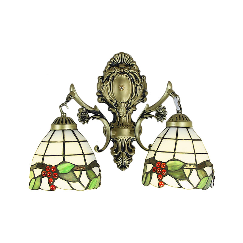 Rustic Tiffany Sconce Lighting Stained Glass 2 Lights Indoor Wall Lighting in Aged Brass Clearhalo 'Industrial' 'Middle century wall lights' 'Tiffany wall lights' 'Tiffany' 'Wall Lamps & Sconces' 'Wall Lights' Lighting' 169386