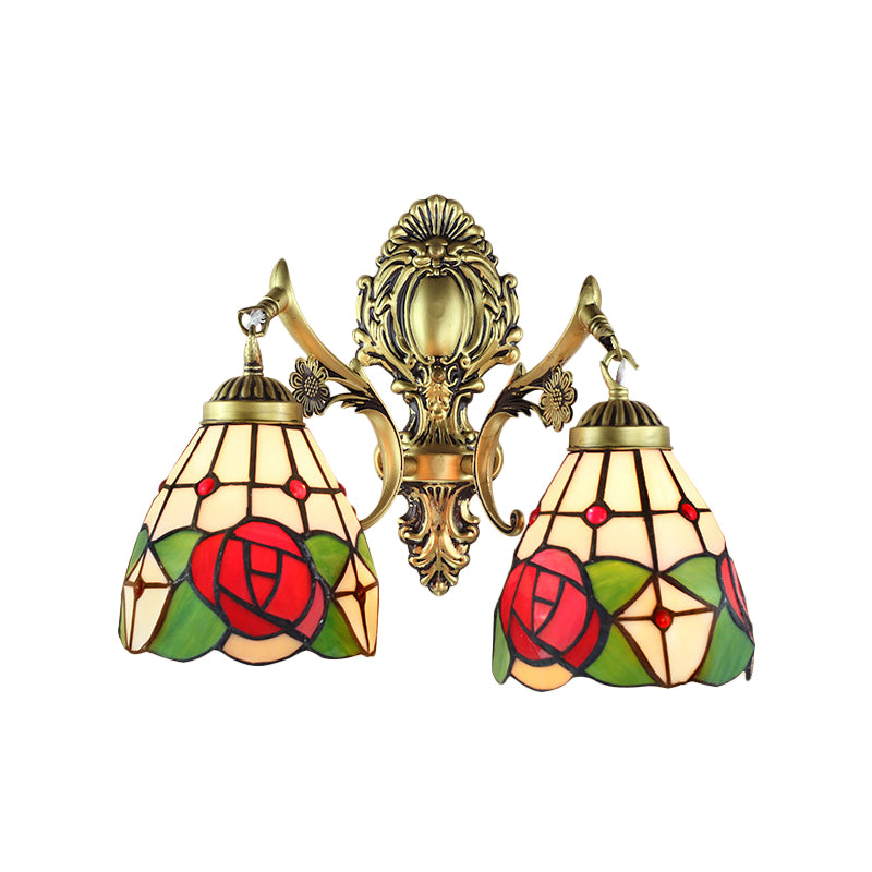 Rustic Tiffany Sconce Lighting Stained Glass 2 Lights Indoor Wall Lighting in Aged Brass Clearhalo 'Industrial' 'Middle century wall lights' 'Tiffany wall lights' 'Tiffany' 'Wall Lamps & Sconces' 'Wall Lights' Lighting' 169389