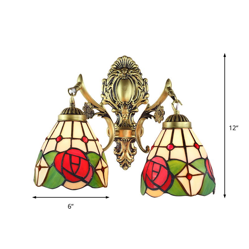 Rustic Tiffany Sconce Lighting Stained Glass 2 Lights Indoor Wall Lighting in Aged Brass Clearhalo 'Industrial' 'Middle century wall lights' 'Tiffany wall lights' 'Tiffany' 'Wall Lamps & Sconces' 'Wall Lights' Lighting' 169390