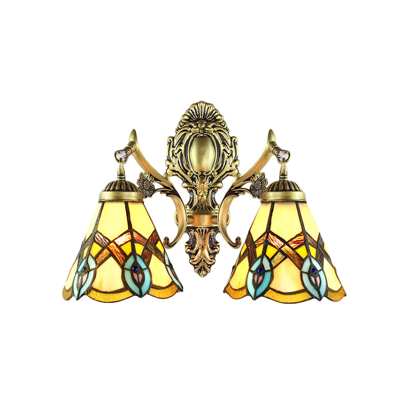 Rustic Tiffany Sconce Lighting Stained Glass 2 Lights Indoor Wall Lighting in Aged Brass Clearhalo 'Industrial' 'Middle century wall lights' 'Tiffany wall lights' 'Tiffany' 'Wall Lamps & Sconces' 'Wall Lights' Lighting' 169392