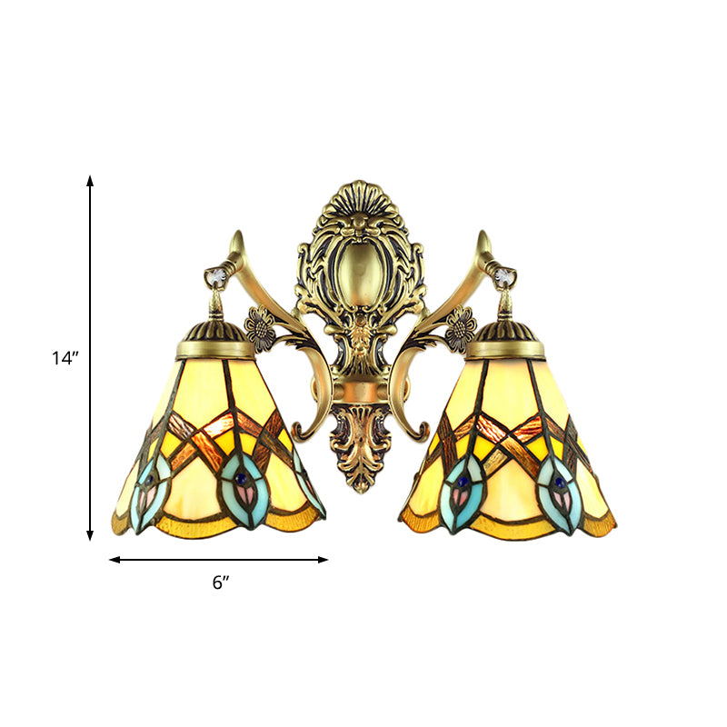 Rustic Tiffany Sconce Lighting Stained Glass 2 Lights Indoor Wall Lighting in Aged Brass Clearhalo 'Industrial' 'Middle century wall lights' 'Tiffany wall lights' 'Tiffany' 'Wall Lamps & Sconces' 'Wall Lights' Lighting' 169393