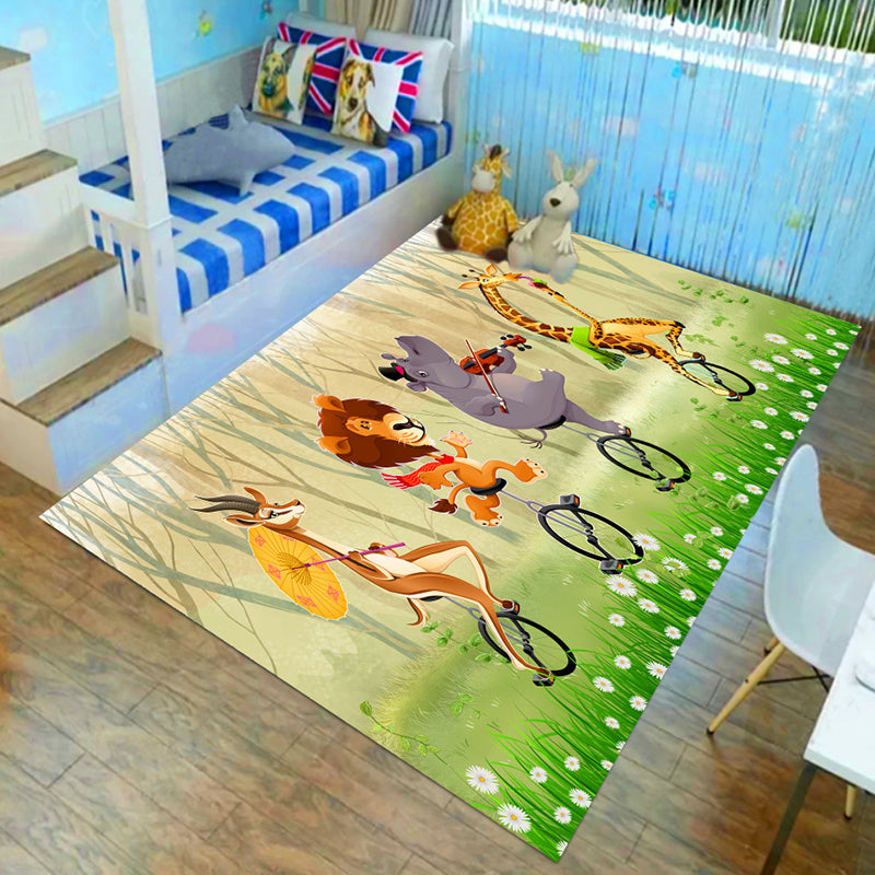 Kids Child's Room Rug in Brown and Green Animal Lion Elephant Deer Print Rug Polyester Non-Slip Area Rug Light Brown Clearhalo 'Area Rug' 'Rug' 1693970