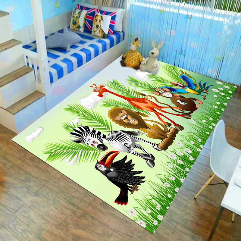 Kids Child's Room Rug in Brown and Green Animal Lion Elephant Deer Print Rug Polyester Non-Slip Area Rug Green Clearhalo 'Area Rug' 'Rug' 1693976
