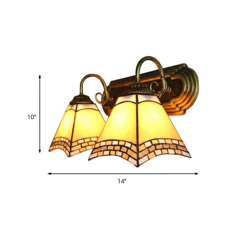 2 Lights Pyramid Wall Lighting with Gooseneck Mission Style Stained Glass Wall Sconce Clearhalo 'Industrial' 'Middle century wall lights' 'Tiffany wall lights' 'Tiffany' 'Wall Lamps & Sconces' 'Wall Lights' Lighting' 169405