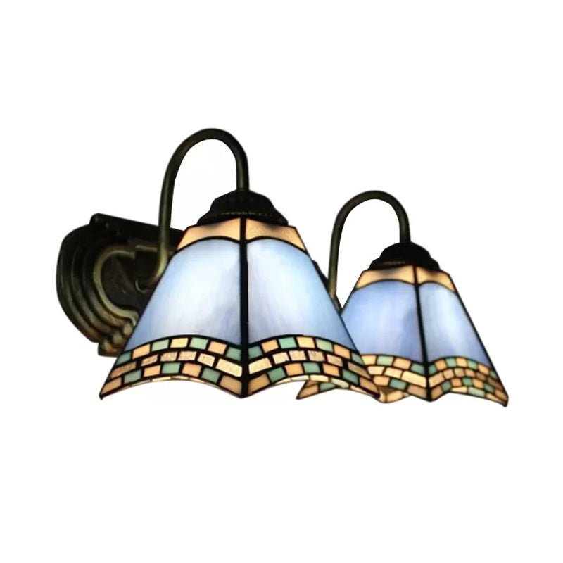 2 Lights Pyramid Wall Lighting with Gooseneck Mission Style Stained Glass Wall Sconce Clearhalo 'Industrial' 'Middle century wall lights' 'Tiffany wall lights' 'Tiffany' 'Wall Lamps & Sconces' 'Wall Lights' Lighting' 169408