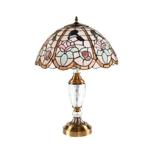 Domed Table Light 1 Head Stained Glass Tiffany Nightstand Lamp with Rose Pattern in White Clearhalo 'Lamps' 'Table Lamps' Lighting' 1694113