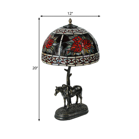 Stained Glass Bronze Desk Lamp Bowl 1-Bulb Vintage Night Table Light with Boy on Horse Deco Clearhalo 'Lamps' 'Table Lamps' Lighting' 1694118