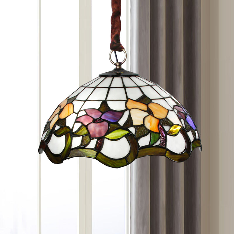 White 3 Heads Suspension Light Tiffany-Style Stained Glass Scalloped Chandelier Lamp Clearhalo 'Ceiling Lights' 'Chandeliers' 'Industrial' 'Middle Century Chandeliers' 'Tiffany Chandeliers' 'Tiffany close to ceiling' 'Tiffany' Lighting' 1694120