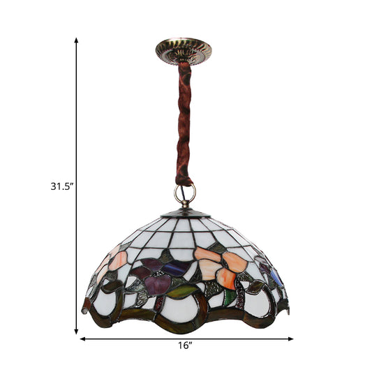 White 3 Heads Suspension Light Tiffany-Style Stained Glass Scalloped Chandelier Lamp Clearhalo 'Ceiling Lights' 'Chandeliers' 'Industrial' 'Middle Century Chandeliers' 'Tiffany Chandeliers' 'Tiffany close to ceiling' 'Tiffany' Lighting' 1694122