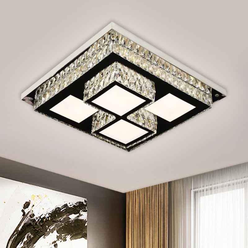 Simplicity LED Flush Mount Lamp Nickel Squared Close to Ceiling Light with Crystal Block Shade Clearhalo 'Ceiling Lights' 'Close To Ceiling Lights' 'Close to ceiling' 'Flush mount' Lighting' 1694124