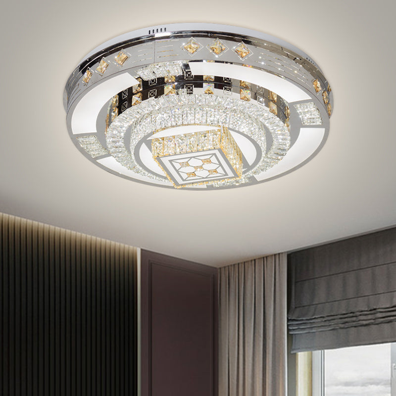 Chrome LED Round Flush Mount Lighting Modernist Faceted Crystal Ceiling Fixture in Warm/White Light, 19.5"/31.5" Wide - Clearhalo - 'Ceiling Lights' - 'Close To Ceiling Lights' - 'Close to ceiling' - 'Flush mount' - Lighting' - 1694146