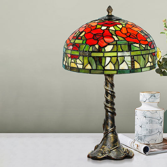 Dome Desk Lamp Tiffany-Style Multicolored Stained Glass 1-Light Green-Red Task Lighting with Trunk Base Clearhalo 'Lamps' 'Table Lamps' Lighting' 1694163