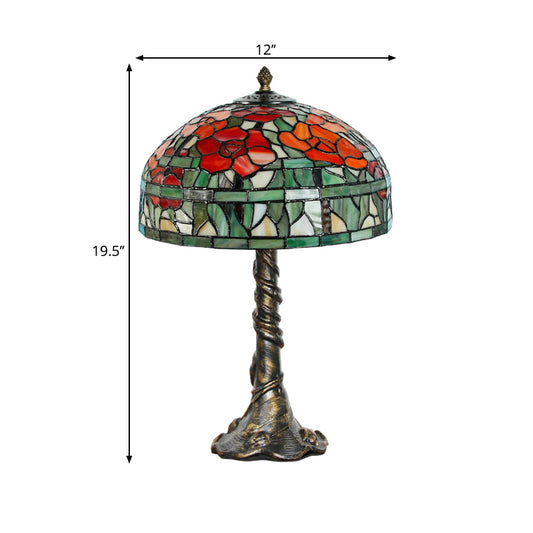Dome Desk Lamp Tiffany-Style Multicolored Stained Glass 1-Light Green-Red Task Lighting with Trunk Base Clearhalo 'Lamps' 'Table Lamps' Lighting' 1694165