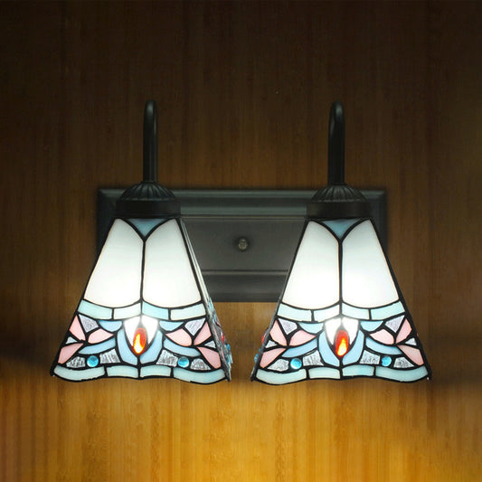 Pyramid Stained Glass Sconce Lighting Tiffany 2 Heads Black/Brass/Bronze Wall Mounted Light Fixture Black Clearhalo 'Industrial' 'Middle century wall lights' 'Tiffany wall lights' 'Tiffany' 'Wall Lamps & Sconces' 'Wall Lights' Lighting' 169420