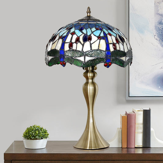 Blue 1 Head Table Lighting Mediterranean Stained Glass Scalloped Nightstand Lamp with Beaded Clearhalo 'Lamps' 'Table Lamps' Lighting' 1694213