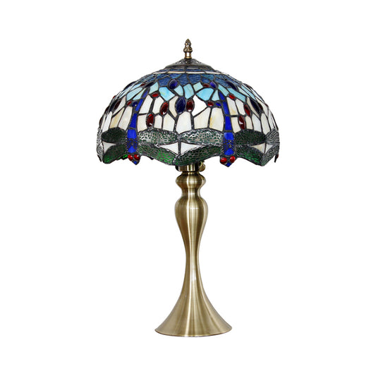 Blue 1 Head Table Lighting Mediterranean Stained Glass Scalloped Nightstand Lamp with Beaded Clearhalo 'Lamps' 'Table Lamps' Lighting' 1694214