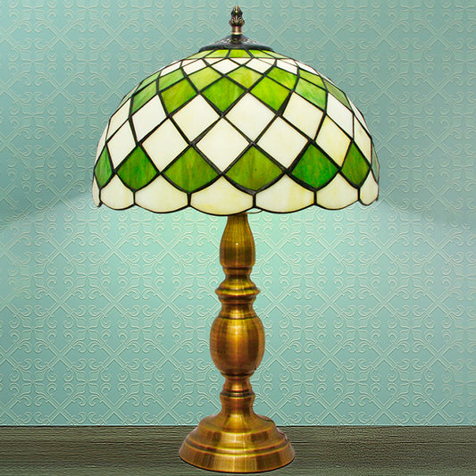 Single Bulb Dome Nightstand Lamp Classic Green Hand Cut Glass Desk Light with Grid Pattern Clearhalo 'Lamps' 'Table Lamps' Lighting' 1694217