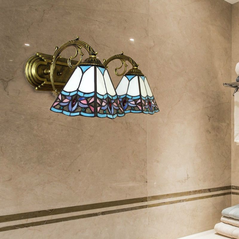 Pyramid Stained Glass Sconce Lighting Tiffany 2 Heads Black/Brass/Bronze Wall Mounted Light Fixture Brass Clearhalo 'Industrial' 'Middle century wall lights' 'Tiffany wall lights' 'Tiffany' 'Wall Lamps & Sconces' 'Wall Lights' Lighting' 169424