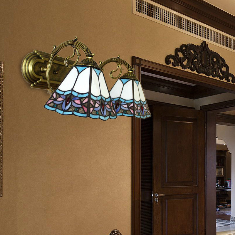 Pyramid Stained Glass Sconce Lighting Tiffany 2 Heads Black/Brass/Bronze Wall Mounted Light Fixture Clearhalo 'Industrial' 'Middle century wall lights' 'Tiffany wall lights' 'Tiffany' 'Wall Lamps & Sconces' 'Wall Lights' Lighting' 169425