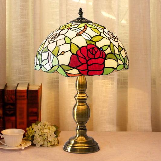 Brass 1 Light Night Lamp Traditional Green Glass Dome Task Lighting with Rose and Dragonfly Pattern Clearhalo 'Lamps' 'Table Lamps' Lighting' 1694258