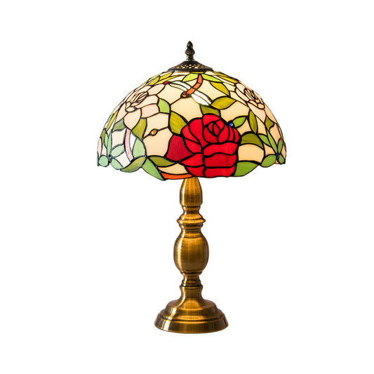 Brass 1 Light Night Lamp Traditional Green Glass Dome Task Lighting with Rose and Dragonfly Pattern Clearhalo 'Lamps' 'Table Lamps' Lighting' 1694259
