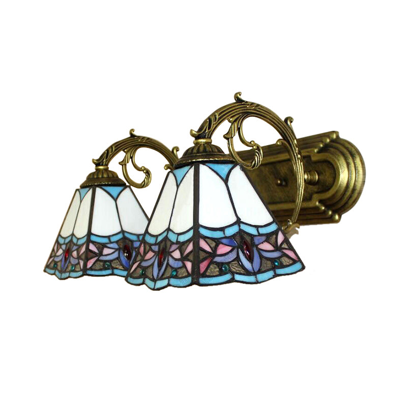 Pyramid Stained Glass Sconce Lighting Tiffany 2 Heads Black/Brass/Bronze Wall Mounted Light Fixture Clearhalo 'Industrial' 'Middle century wall lights' 'Tiffany wall lights' 'Tiffany' 'Wall Lamps & Sconces' 'Wall Lights' Lighting' 169426