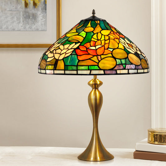 1 Head Night Light Vintage Conical Multicolored Stained Glass Desk Lamp with Lotus Pattern in Brass Clearhalo 'Lamps' 'Table Lamps' Lighting' 1694262