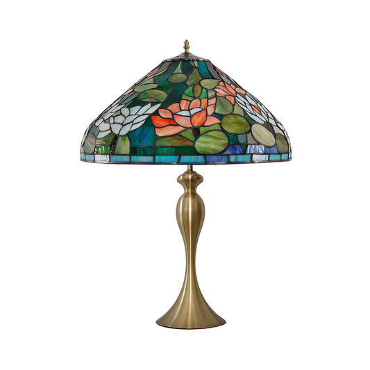1 Head Night Light Vintage Conical Multicolored Stained Glass Desk Lamp with Lotus Pattern in Brass Clearhalo 'Lamps' 'Table Lamps' Lighting' 1694263
